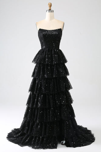 A-Line Sequins Preto Tiered Prom Dress com Fenda