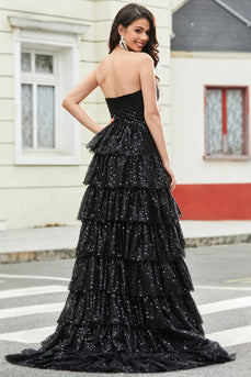 Elegante uma linha sem alças preto Sequins longo vestido de baile com babados