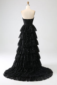 A-Line Sequins Preto Tiered Prom Dress com Fenda