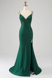Brilhante verde escuro frisado longo vestido de baile de formatura sereia com fenda