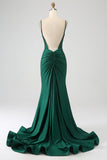 Brilhante verde escuro frisado longo vestido de baile de formatura sereia com fenda