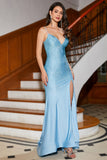 Blue Beaded Long Sparkly Mermaid Prom Dress com Fenda