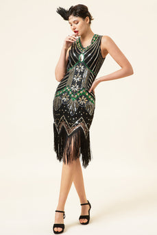 Preto Verde Lantejoulas 1920s Vestido Com 20s Acessórios Set