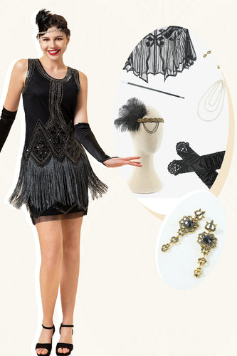 Franjas Preto 920s Vestido Com 20s Acessórios Set