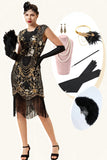 Preto e Dourado Cap Mangas 1920s Vestido Com 20s Acessórios Set