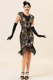 Preto e Dourado Cap Mangas 1920s Vestido Com 20s Acessórios Set