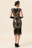 Preto e Dourado Cap Mangas 1920s Vestido Com 20s Acessórios Set