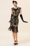 Preto e Dourado Cap Mangas 1920s Vestido Com 20s Acessórios Set