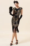 Preto e Dourado Cap Mangas 1920s Vestido Com 20s Acessórios Set