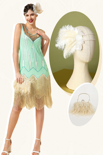 Verde Fringes 1920s Gatsby Com 20s Acessórios Set