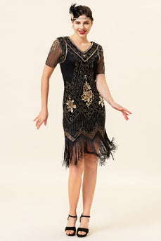 Preto Mangas Curtas Lantejoulas Fringes 1920s Vestido Com 20s Accessories Set