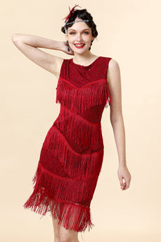 1920s Vestido Com Conjunto de Acessórios Franjas Contas Vermelho