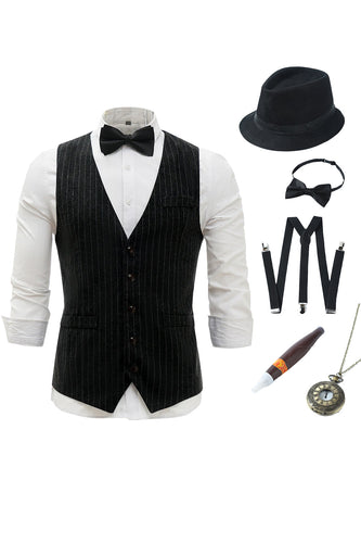 Colete Masculino Pinstriped Preto com Conjunto de Acessórios de 5 Peças
