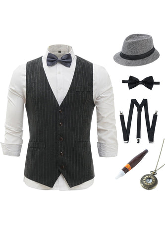 Colete Masculino Pinstriped Cinzento Escuro com Conjunto de Acessórios de 5 Peças