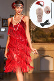 Vestido Flapper Vermelho Brilhante Sequined 1920s com acessórios 20s