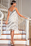 Sparkly White Sequined 1920s Flapper Dress com acessórios 20s