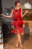 Vestido Gatsby Sparkly Red Sequined Fringed 1920s com acessórios dos anos 20