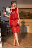 Vestido Gatsby Sparkly Red Sequined Fringed 1920s com acessórios dos anos 20