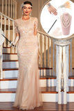 Sparkly Blush Sequined Long 1920s Flapper Dress com acessórios dos anos 20
