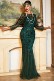 Sparkly Dark Green Sequined Long 1920s Flapper Dress com acessórios dos anos 20