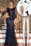 Navy Mangas Longas Sequined 1920s Gatsby Vestido com 20s Acessórios