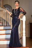 Navy Mangas Longas Sequined 1920s Gatsby Vestido com 20s Acessórios