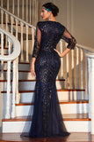 Navy Mangas Longas Sequined 1920s Gatsby Vestido com 20s Acessórios