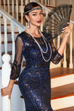 Navy Mangas Longas Sequined 1920s Gatsby Vestido com 20s Acessórios