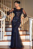 Navy Mangas Longas Sequined 1920s Gatsby Vestido com 20s Acessórios
