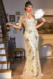 Dourado Lantejoulas 1920s Vestido com Acessórios set