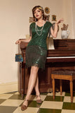 Preto Verde Franjas Sequins 1920s Vestido com Acessórios set