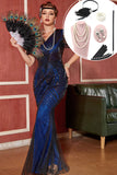 Azul escuro Long Fringed Sequins 1920s vestido com acessórios conjunto