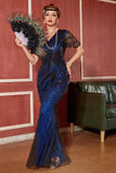 Azul escuro Long Fringed Sequins 1920s vestido com acessórios conjunto