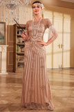 Champanhe Brilhante Sequins Long Fringed 1920s Vestido com Acessórios set