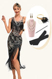 Sparkly Black Sequins Fringes Vestido Gatsby assimétrico dos anos 1920 com conjunto de acessórios