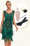 Lantejoulas Verde Escuro Franjas Grande Vestido Gatsby com Conjunto de Acessórios