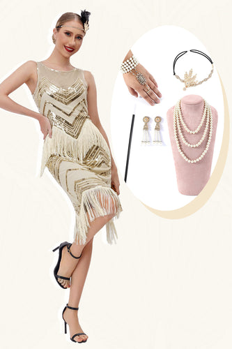 Champagne Glitter Franjas Gatsby Vestido com Acessórios set