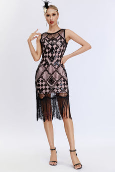 Sparkly Black Blush Fringed 1920s Gatsby Dress com 20s Acessórios set