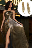 Golden A-Line Espaghetti Correias plissado brilhante vestido de baile com conjunto de acessórios