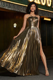 Golden A-Line Espaghetti Correias plissado brilhante vestido de baile com conjunto de acessórios
