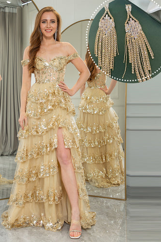 Princess A-Line Off The Shoulder Gold Tiered Prom Dress com conjunto de acessórios