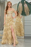 Princess A-Line Off The Shoulder Gold Tiered Prom Dress com conjunto de acessórios