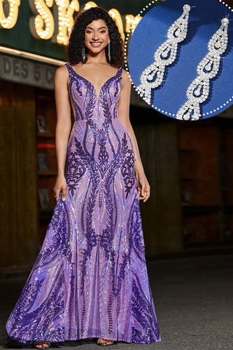 Roxo Escuro Brilhante Sereia V Pescoço Open Back Sequins Long Prom Dress com Acessórios set