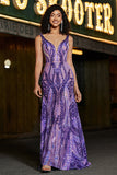 Roxo Escuro Brilhante Sereia V Pescoço Open Back Sequins Long Prom Dress com Acessórios set