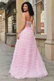 Rosa A-Line Strapless Tiered Long Corset Prom Dress com conjunto de acessórios