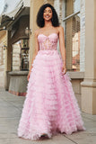 Rosa A-Line Strapless Tiered Long Corset Prom Dress com conjunto de acessórios