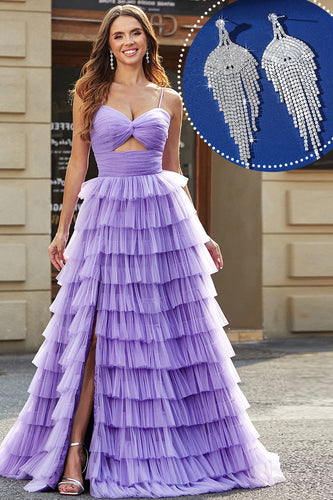 Tule roxo A-Line Tiered Long Prom Dress com conjunto de acessórios