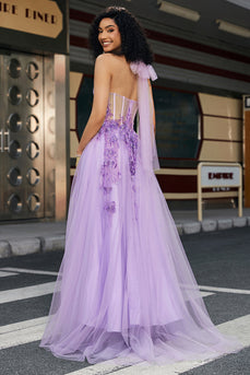 Lindo A Line Halter Neck Grey Purple Corset Applique Prom Dress Com Acessórios set