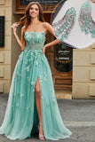 A-Line Verde Tulle Corset Applique Long Prom Dress Com Acessórios set