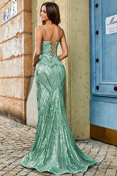 Trendy Sereia Esparguete Correias Verde Long Prom Dress com Criss Cross Back E Acessórios set